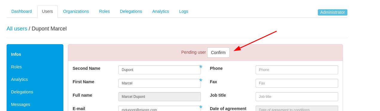 Validate pending user
